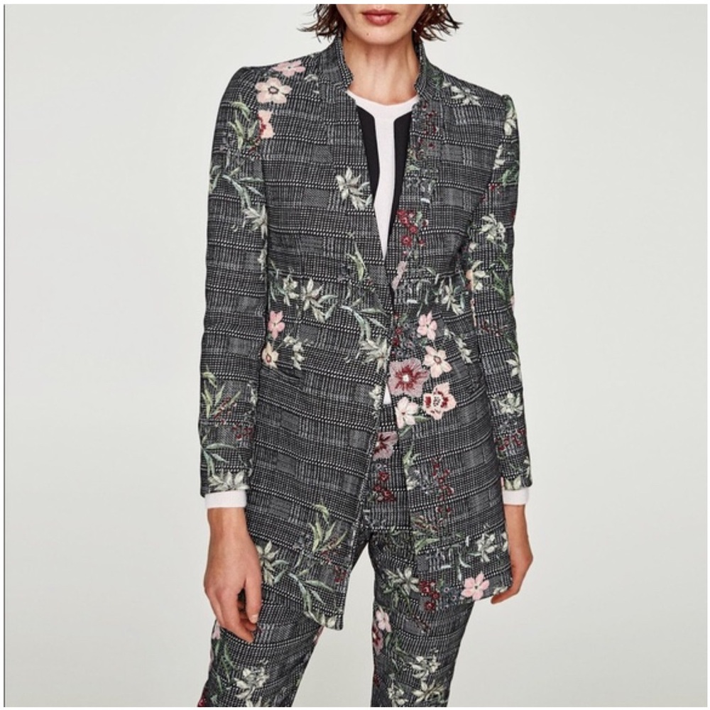 Zara Plaid Floral Embroidered Jacquard Blazer
